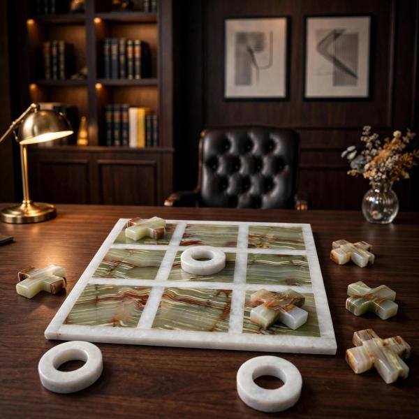 Handmade Onyx Marble Tic Tac Toe Game: White Green Stone Board, Luxury Home Decor
