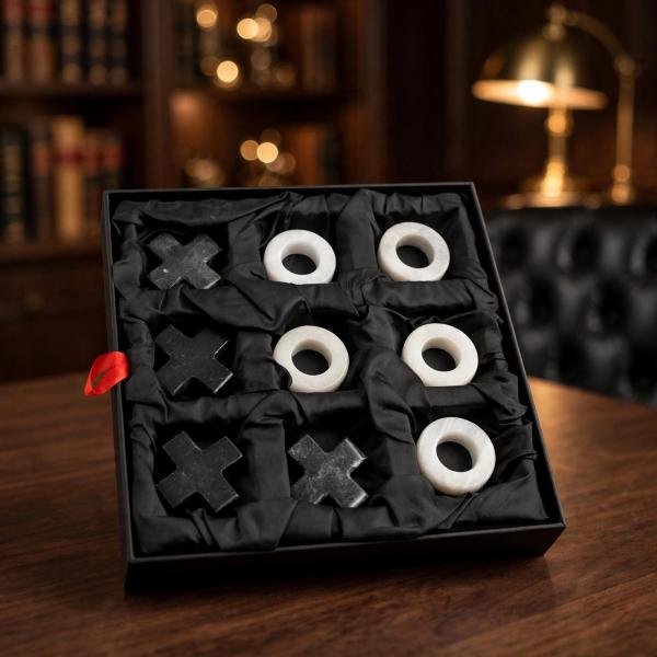 Handmade Onyx Marble Tic Tac Toe Game: White Black Stone Board, Luxury Home Decor