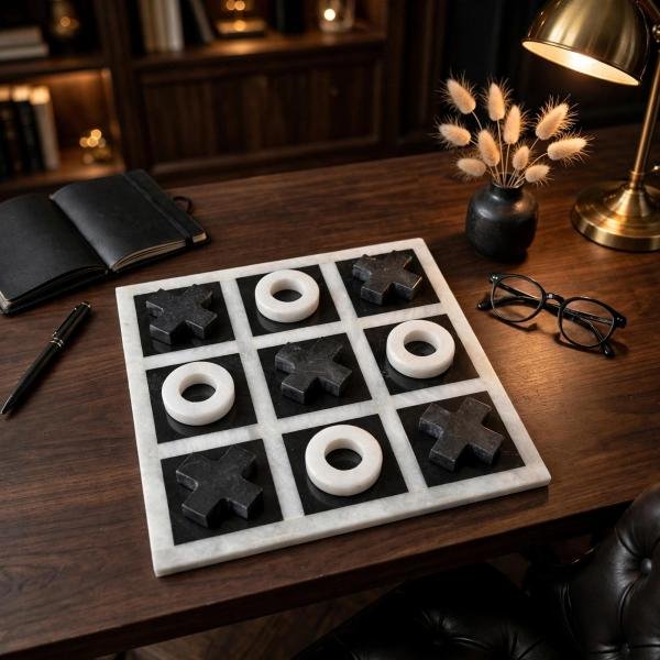Handmade Onyx Marble Tic Tac Toe Game: White Black Stone Board, Luxury Home Decor