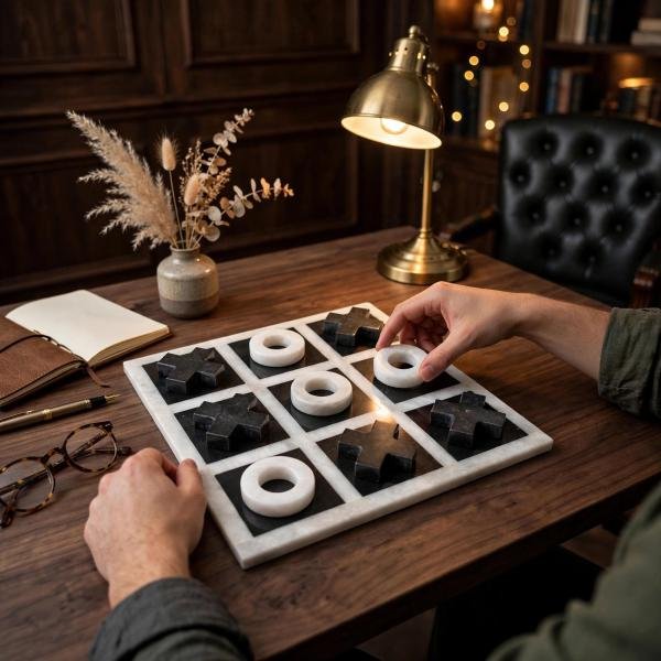 Handmade Onyx Marble Tic Tac Toe Game: White Black Stone Board, Luxury Home Decor
