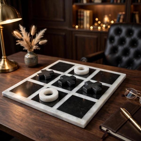 Handmade Onyx Marble Tic Tac Toe Game: White Black Stone Board, Luxury Home Decor