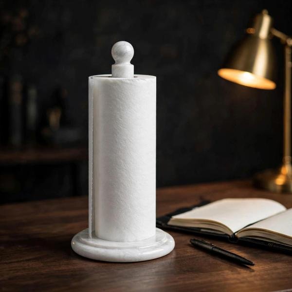 Handmade White Marble Paper Towel Holder: Natural Veins, Polished Stone Kitchen Decor
