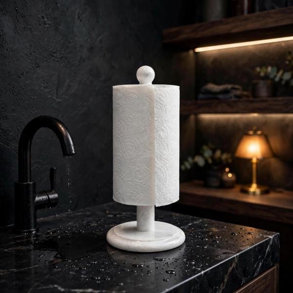Handmade White Marble Paper Towel Holder: Natural Veins, Polished Stone Kitchen Decor