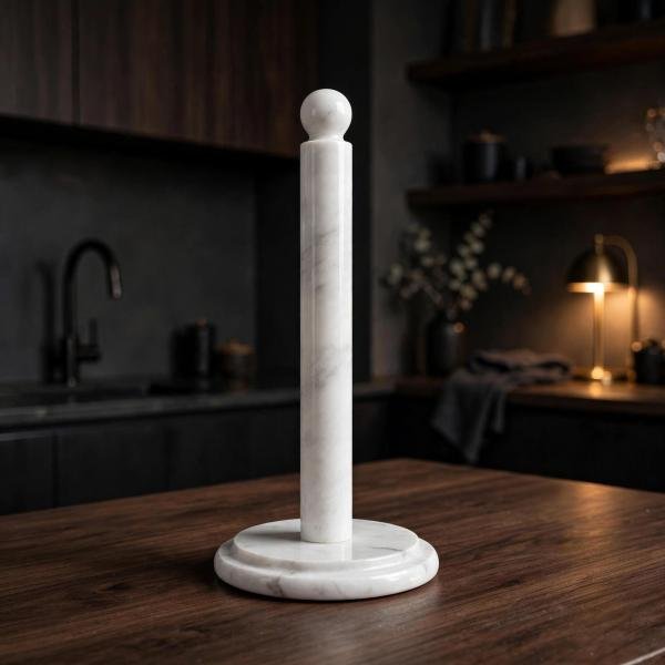 Handmade White Marble Paper Towel Holder: Natural Veins, Polished Stone Kitchen Decor