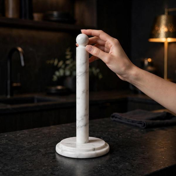 Handmade White Marble Paper Towel Holder: Natural Veins, Polished Stone Kitchen Decor
