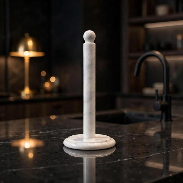Handmade White Marble Paper Towel Holder: Natural Veins, Polished Stone Kitchen Decor