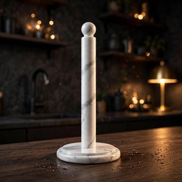 Handmade White Marble Paper Towel Holder: Natural Veins, Polished Stone Kitchen Decor