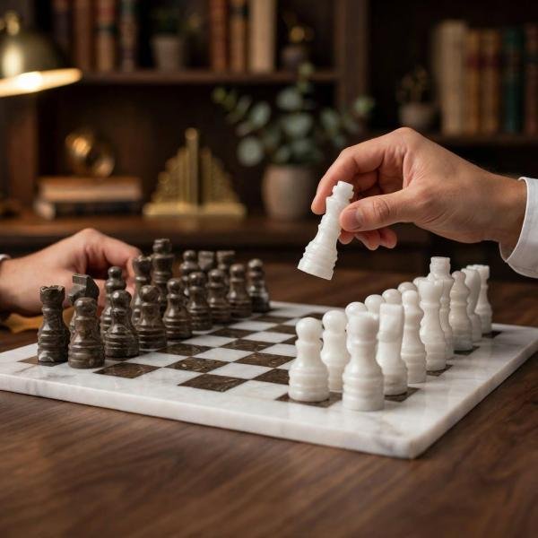 White Marble Ocean Fossil Chess Set | Luxury Stone Board, Elegant Home Decor