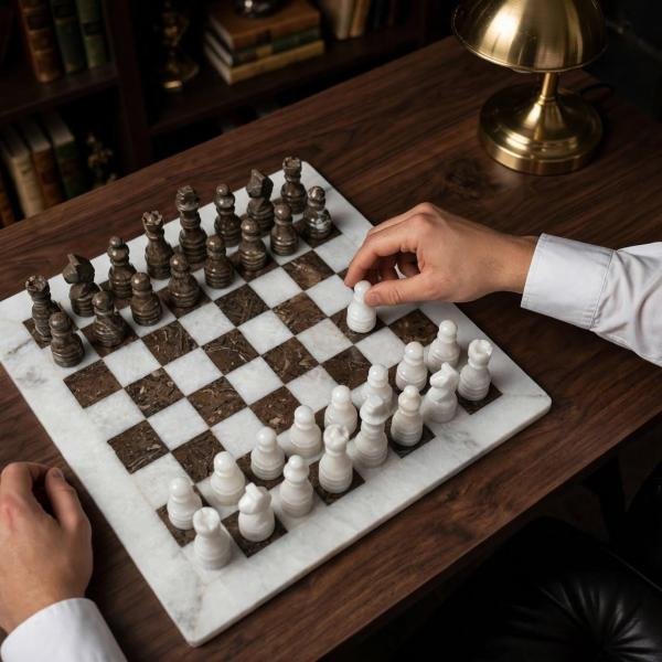 White Marble Ocean Fossil Chess Set | Luxury Stone Board, Elegant Home Decor
