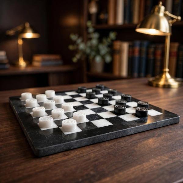 Handcrafted Black White Onyx Marble Checkers Set – Luxury Natural Stone Board Game