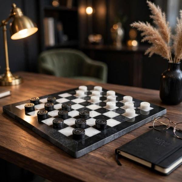 Handcrafted Black White Onyx Marble Checkers Set – Luxury Natural Stone Board Game