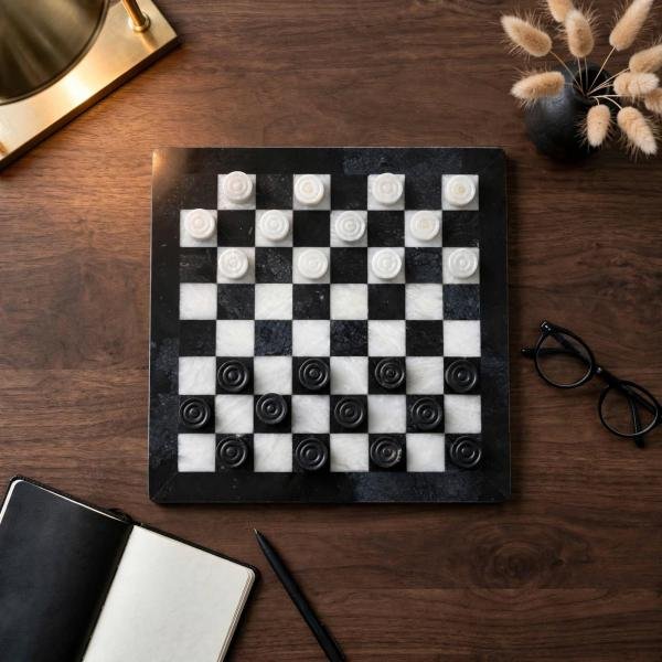 Handcrafted Black White Onyx Marble Checkers Set – Luxury Natural Stone Board Game