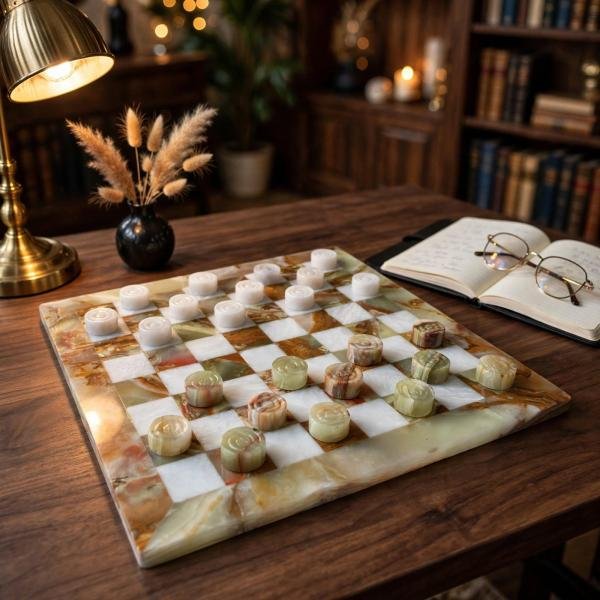 Green and White Onyx Marble Checkers Set, Handmade Stone Board Game