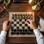 15 inch Handcrafted Coral Black & Fossil Stone Chess Set | Luxury Home Decor