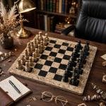 Handcrafted Coral Black & Fossil Stone Chess Set | Luxury Home Decor