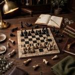 Handcrafted Coral Black & Fossil Stone Chess Set | Luxury Home Decor