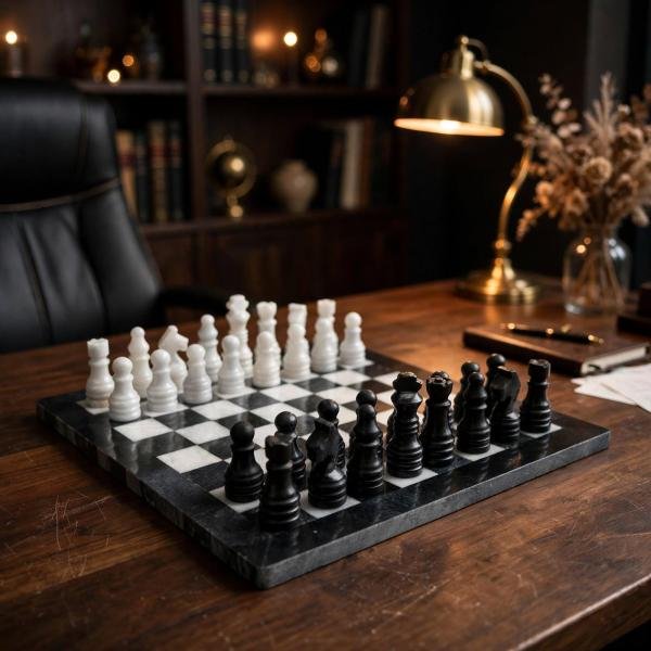 12 inch Black & White Marble Chess Set | Luxury Stone Board, Elegant Home Decor