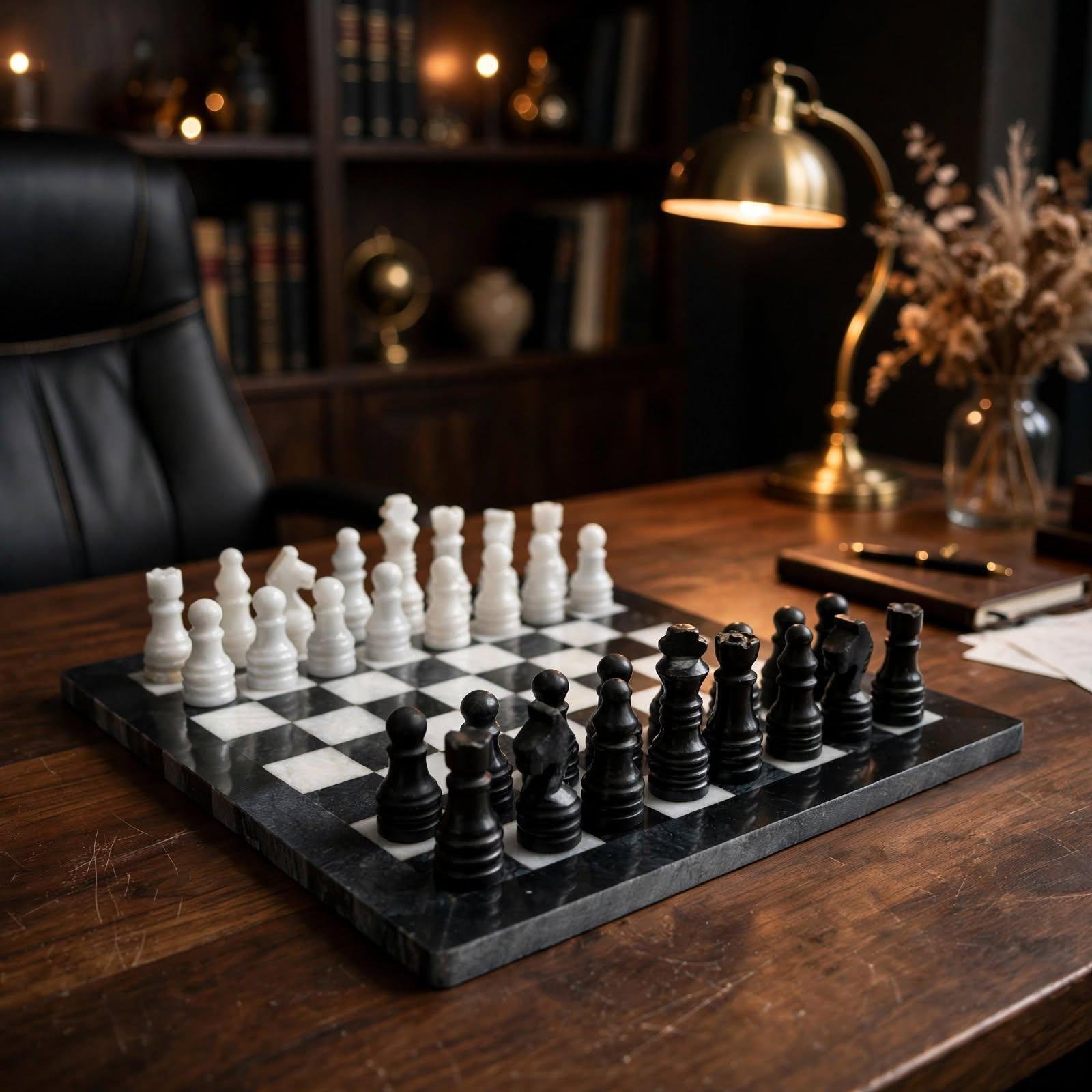 12 inch Black & White Marble Chess Set | Luxury Stone Board, Elegant Home Decor