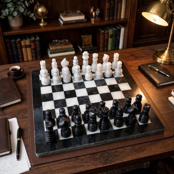 12 inch Black & White Marble Chess Set | Luxury Stone Board, Elegant Home Decor