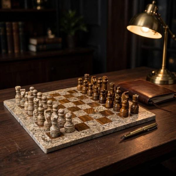Handcrafted Coral Red Onyx & Fossil Stone Chess Set | Luxury Marble Board, Executive Gift