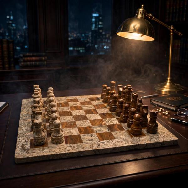Handcrafted Coral Red Onyx & Fossil Stone Chess Set | Luxury Marble Board, Executive Gift