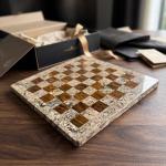Handcrafted Coral Red Onyx & Fossil Stone Chess Set | Luxury Marble Board, Executive Gift