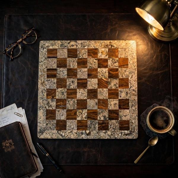Handcrafted Coral Red Onyx & Fossil Stone Chess Set | Luxury Marble Board, Executive Gift