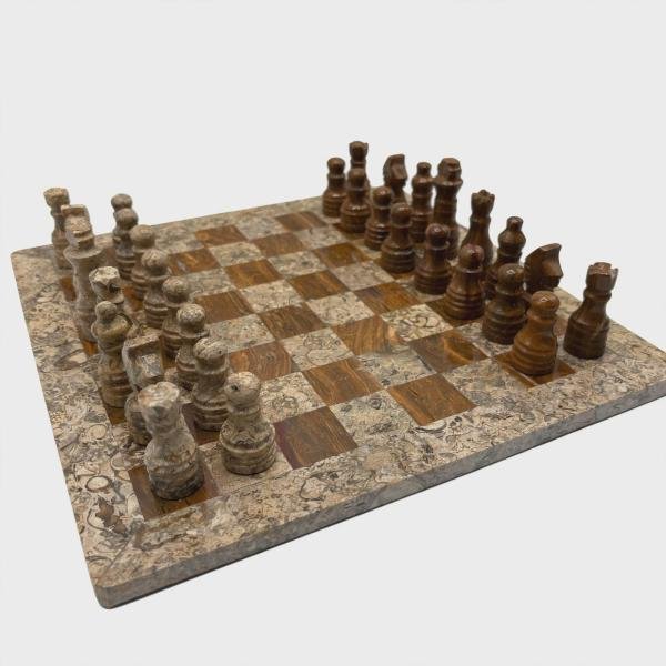 Handcrafted Coral Red Onyx & Fossil Stone Chess Set | Luxury Marble Board, Executive Gift