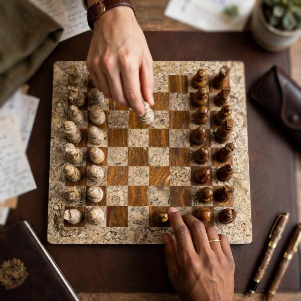 Handcrafted Coral Red Onyx & Fossil Stone Chess Set | Luxury Marble Board, Executive Gift