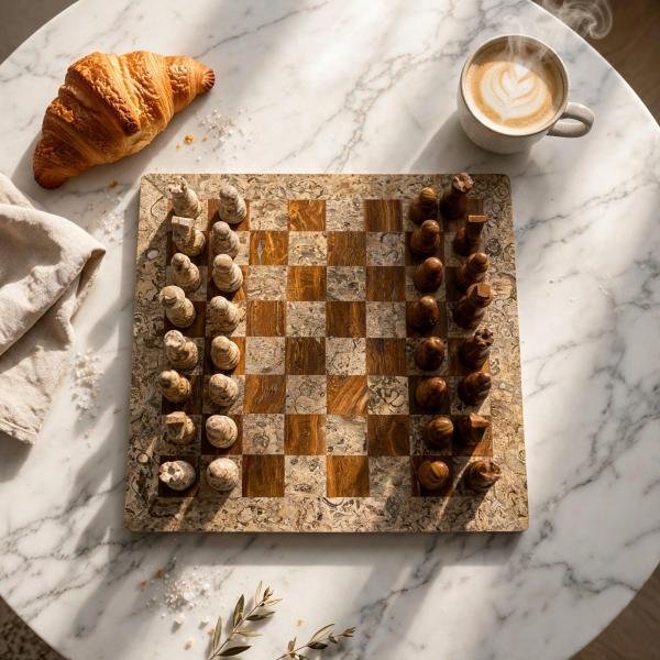 Handcrafted Coral Red Onyx & Fossil Stone Chess Set | Luxury Marble Board, Executive Gift