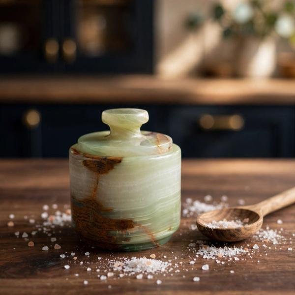Handmade Green Marble Spice Jar with Lid, Natural Stone Kitchen Storage, Countertop Decor