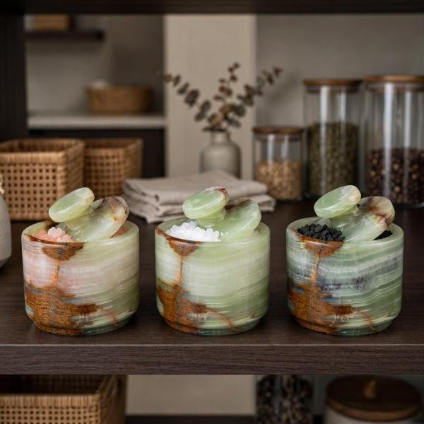 Handmade Green Marble Spice Jar with Lid, Natural Stone Kitchen Storage, Countertop Decor
