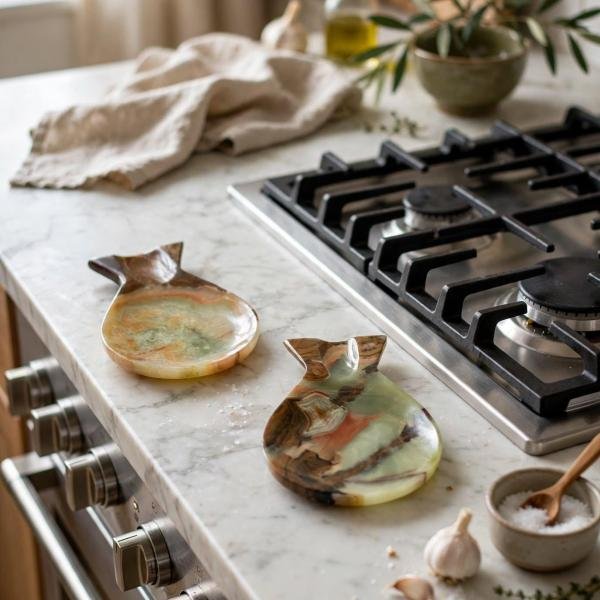 Handcrafted Green Onyx Fish Spoon Rest | Natural Stone Kitchen Decor