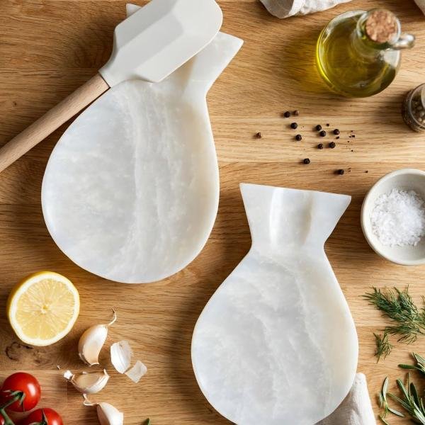 Handcrafted White Onyx Fish Spoon Rest | Natural Stone Kitchen Decor