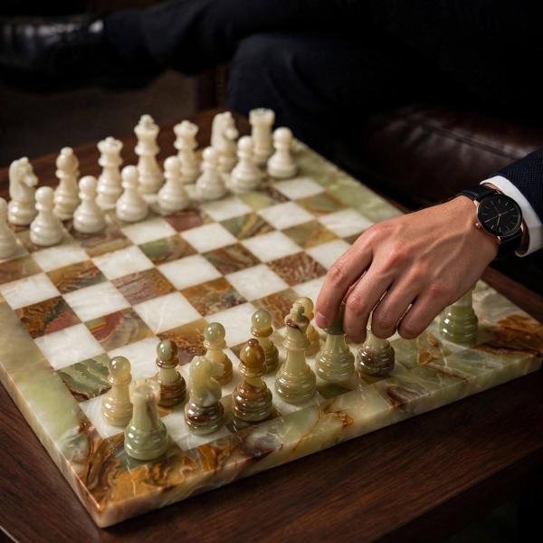 Large Handcrafted Green White Marble Chess Set, Natural Stone Board, Luxury Gift