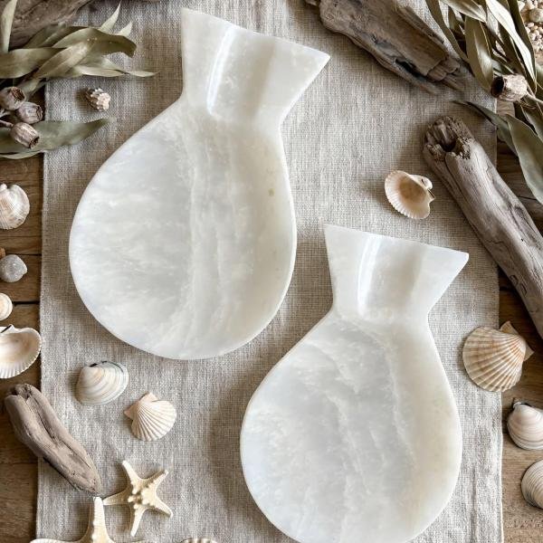 Handcrafted White Onyx Fish Spoon Rest | Natural Stone Kitchen Decor