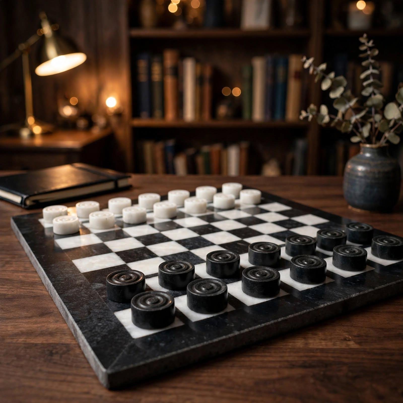 Handcrafted Black White Onyx Marble Checkers Set – Luxury Natural Stone Board Game