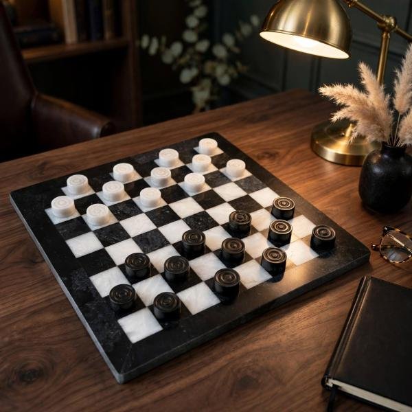 Handcrafted Black White Onyx Marble Checkers Set – Luxury Natural Stone Board Game
