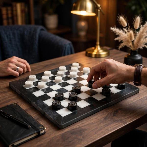 Handcrafted Black White Onyx Marble Checkers Set – Luxury Natural Stone Board Game