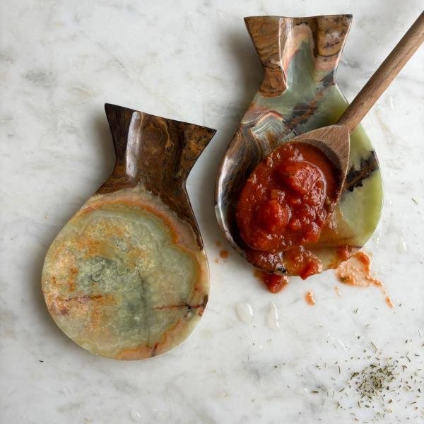 Handcrafted Green Onyx Fish Spoon Rest | Natural Stone Kitchen Decor