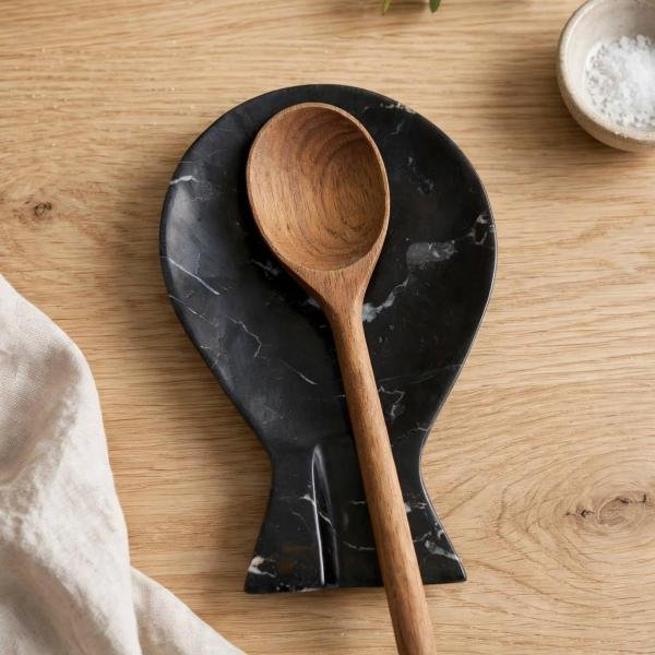 Handcrafted Black Onyx Fish Spoon Rest | Natural Stone Kitchen Decor
