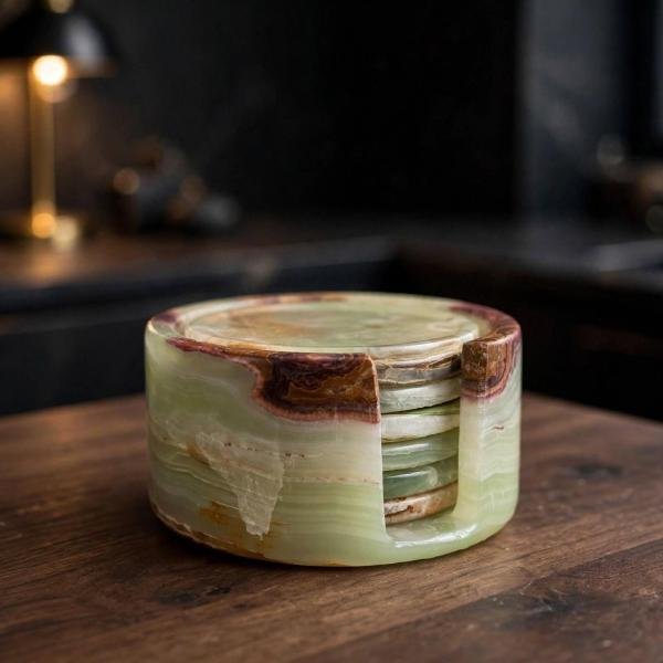 Handmade Green Onyx Coasters | Natural Marble Drink Coasters with Holder | Luxury Home Decor