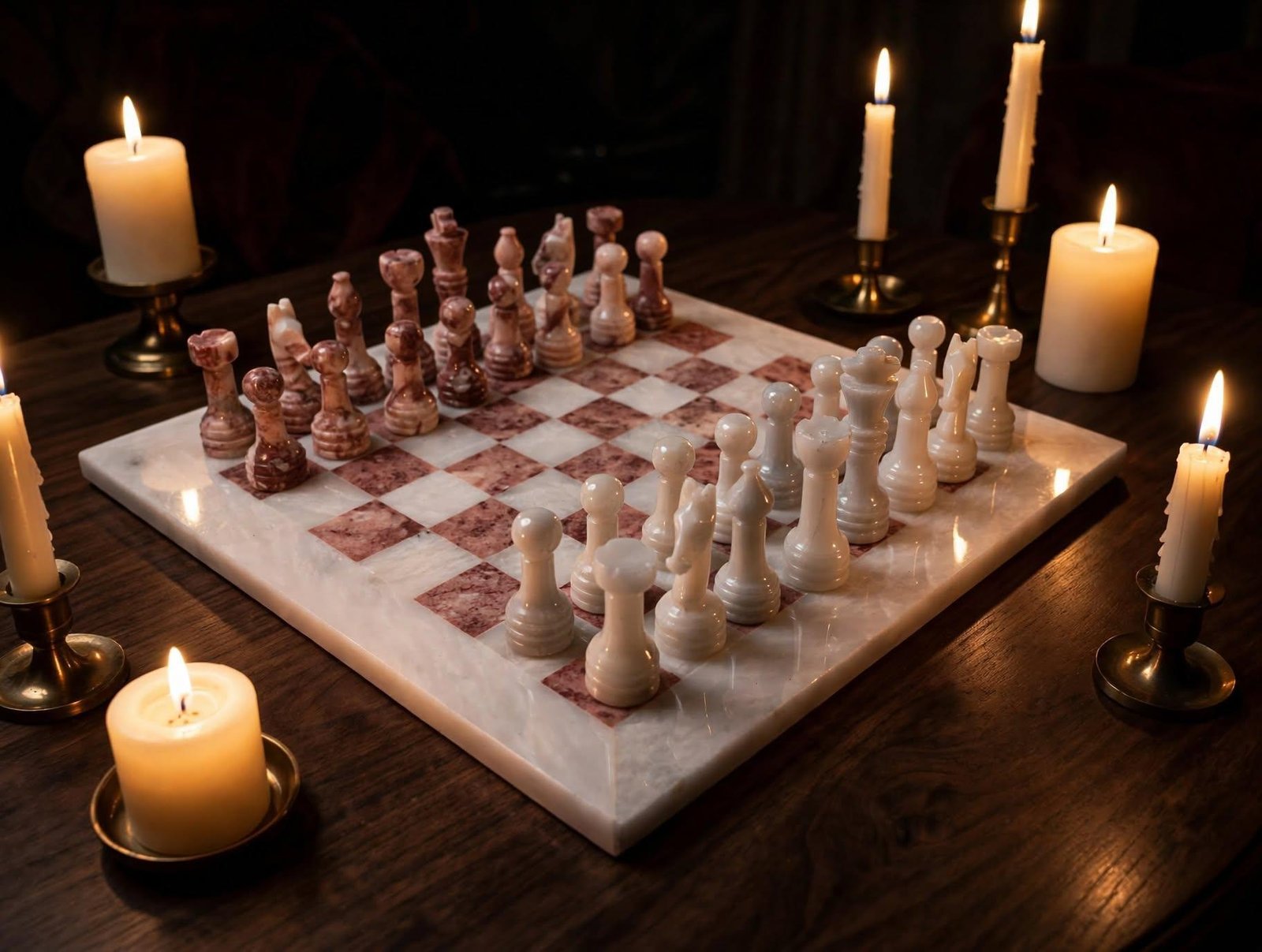 Large White and Pink Marble Chess Set, Handmade Natural Stone Board
