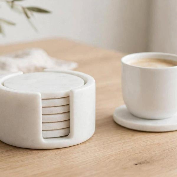 Handmade White Marble Coasters Set, Natural Stone Drink Coasters, Luxury Home Decor