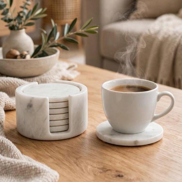 Handmade White Marble Coasters Set, Natural Stone Drink Coasters, Luxury Home Decor