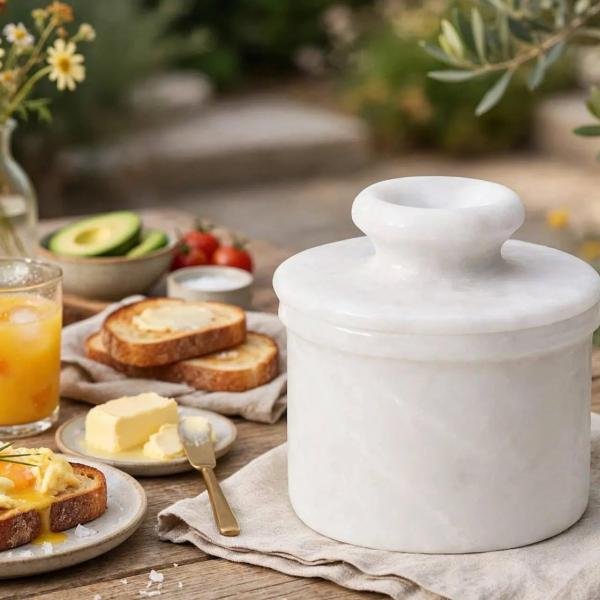 Handmade White Onyx Marble Butter Keeper | Natural Stone Kitchen Decor