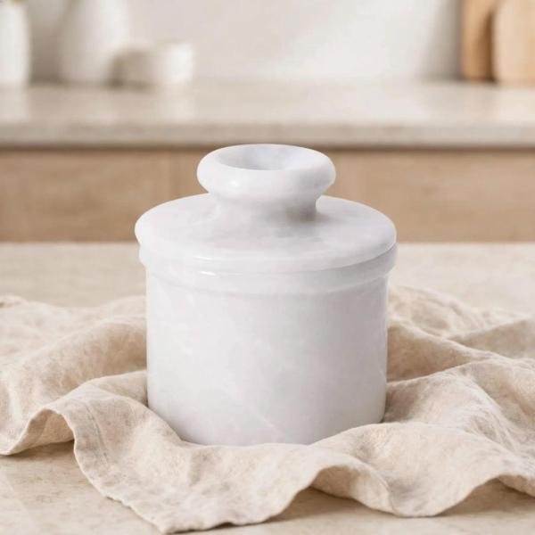 Handmade White Onyx Marble Butter Keeper | Natural Stone Kitchen Decor