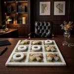 Handmade Onyx Marble Tic Tac Toe Game: White Green Stone Board, Luxury Home Decor