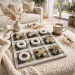 Handmade Onyx Marble Tic Tac Toe Game: White Green Stone Board, Luxury Home Decor