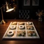 Handmade Onyx Marble Tic Tac Toe Game: White Green Stone Board, Luxury Home Decor